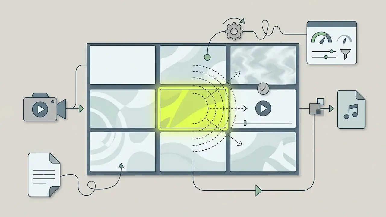 Highlighted grid cell emitting waves with surrounding icons for filters, media inputs, and audio processing