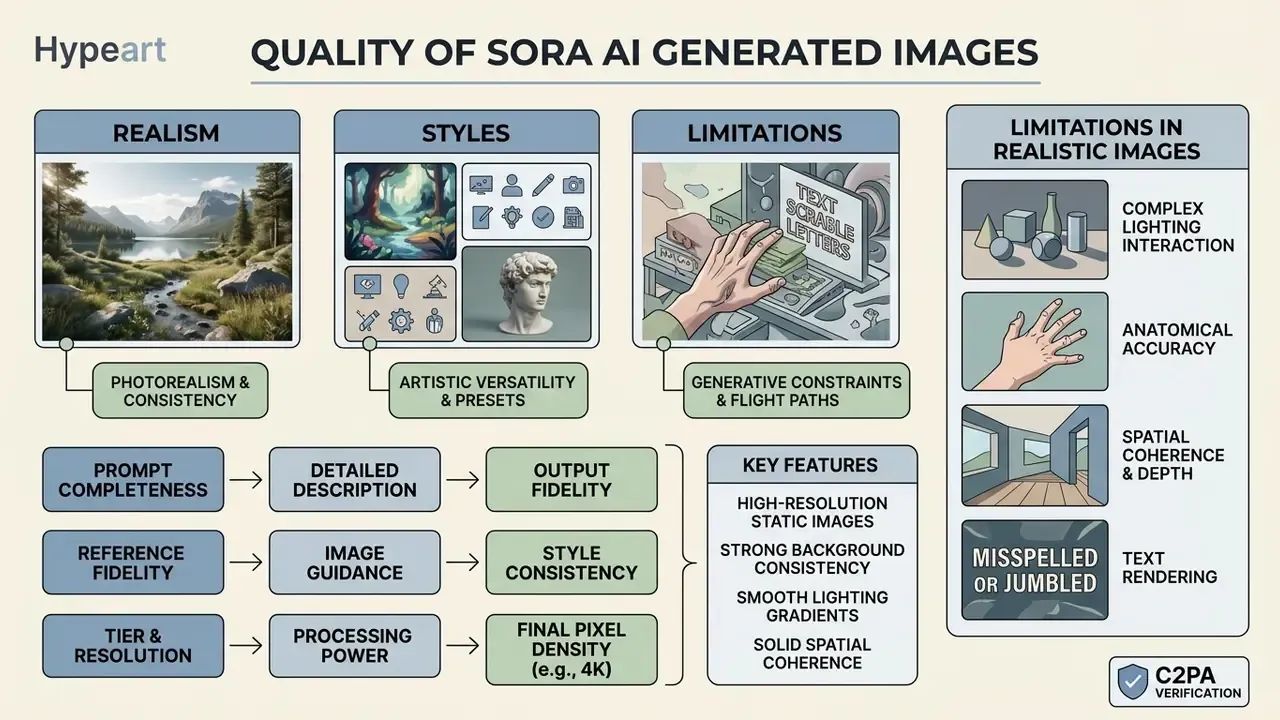 Summary of Sora AI image quality factors including realism, artistic styles, and technical limitations