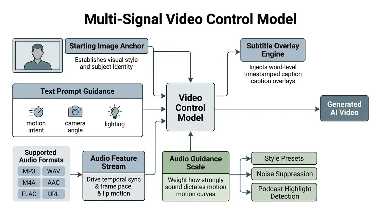Diagram showing how image, text, and audio inputs are integrated into a central AI video control model
