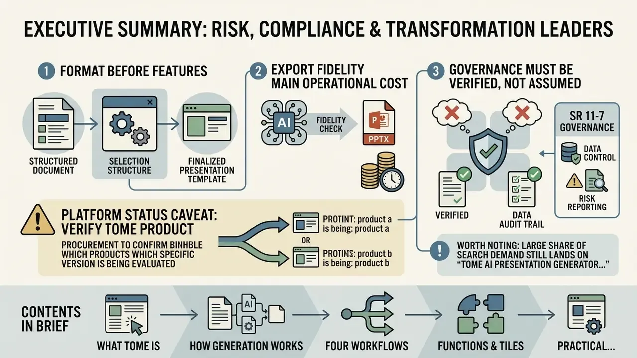 Infographic outlining three key considerations for evaluating the Tome AI presentation generator