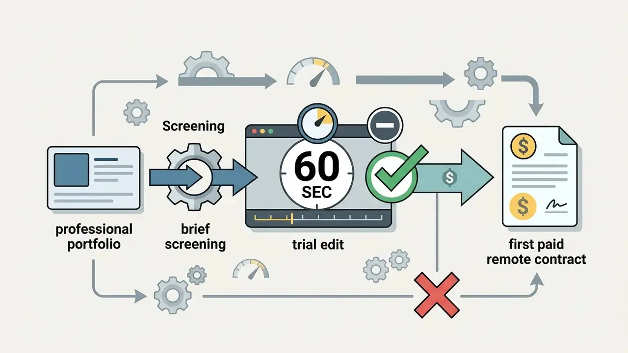 Workflow showing a professional portfolio moving through a trial edit to a first paid remote contract