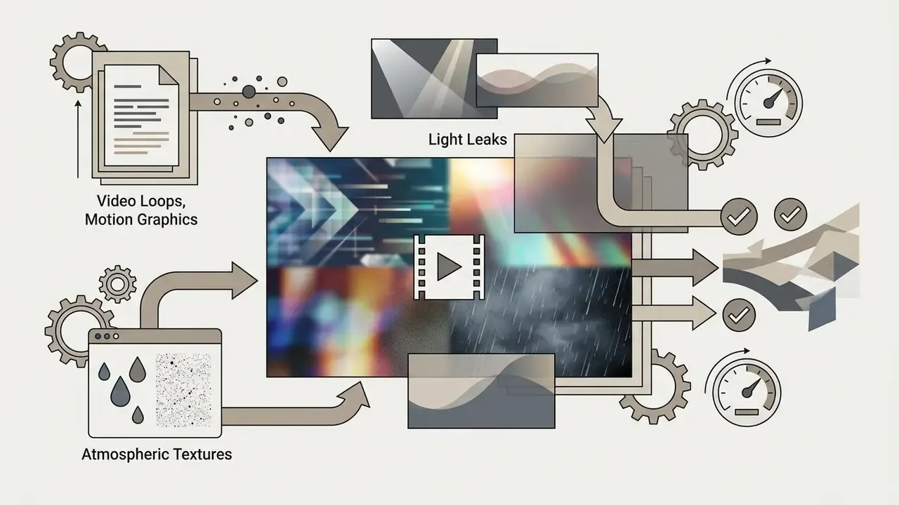 Motion graphics and atmospheric textures flowing into a central video layer with speed and quality checks