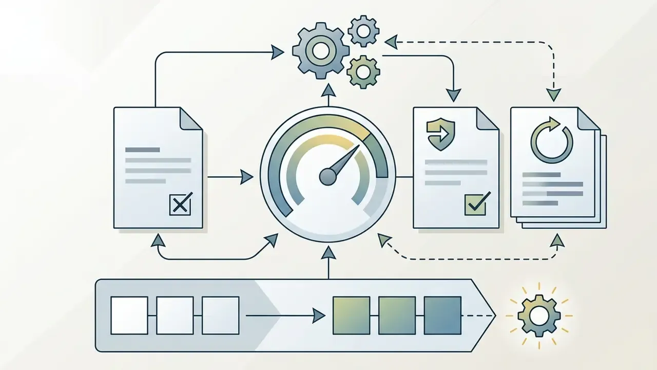 Cycle of document processing and gear icons centered around a gauge measuring progress and performance