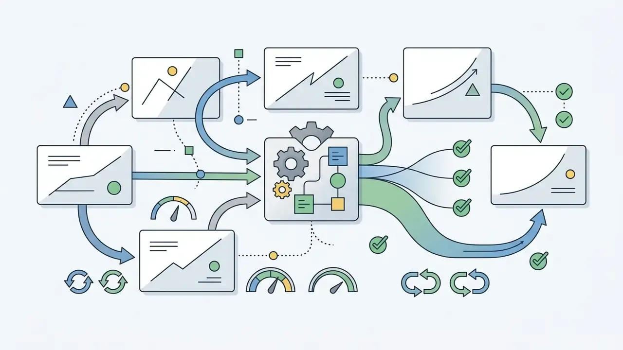 Central processing hub with gears connecting multiple data input frames and output status indicators