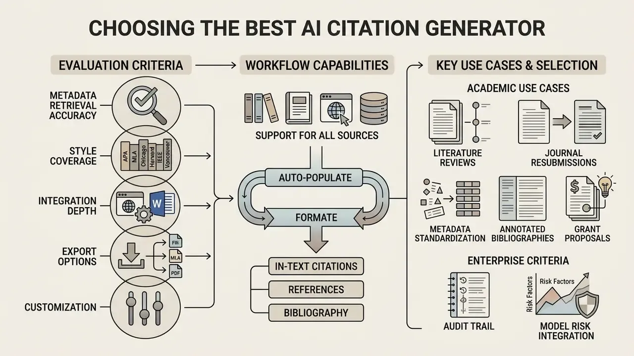 Infographic mapping evaluation criteria, workflow capabilities, and academic use cases for citation tools