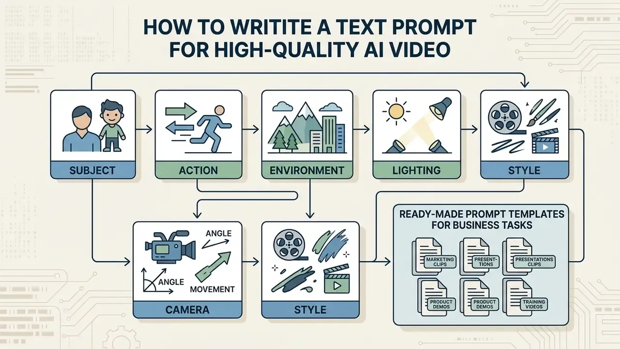 Diagram detailing key components of a prompt including subject, action, environment, lighting, and camera