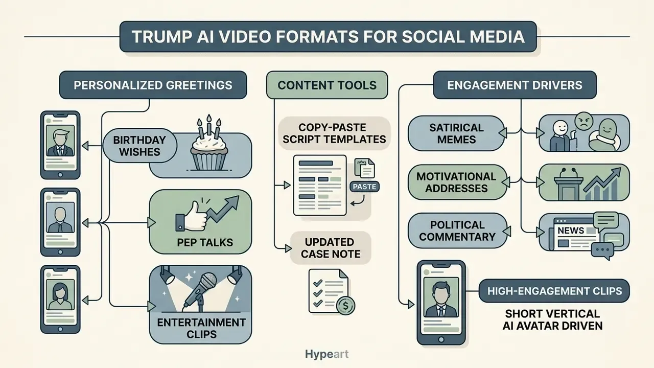 Infographic outlining Trump AI generator content types including greetings, script tools, and viral clips