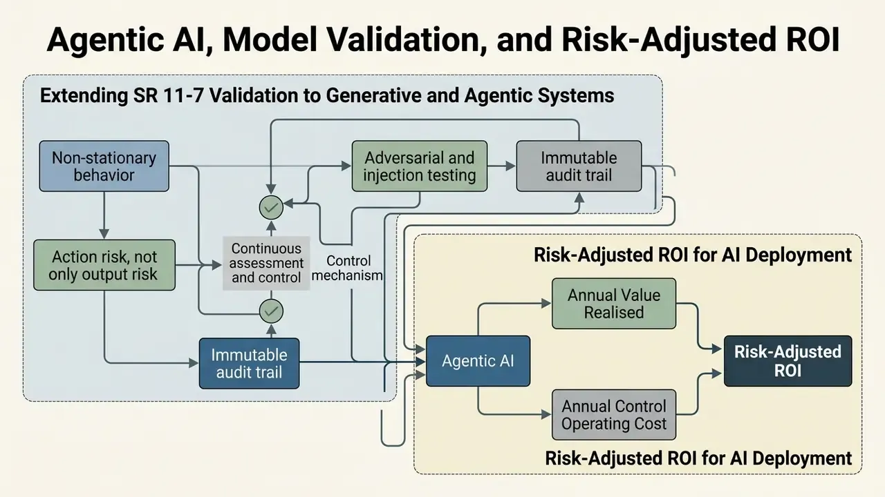 Flowchart connecting model validation processes to the calculation of risk-adjusted ROI for Agentic AI