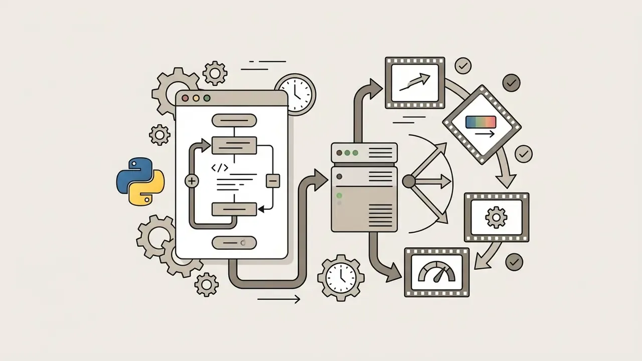 Python script triggering a server to process a cycle of video frames through automated rendering steps