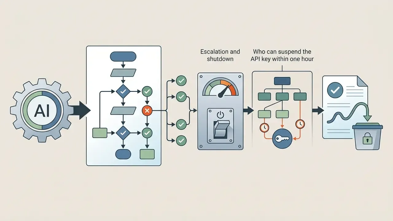 Flowchart showing an AI gear feeding into a decision process, shutdown switch, and API key authorization