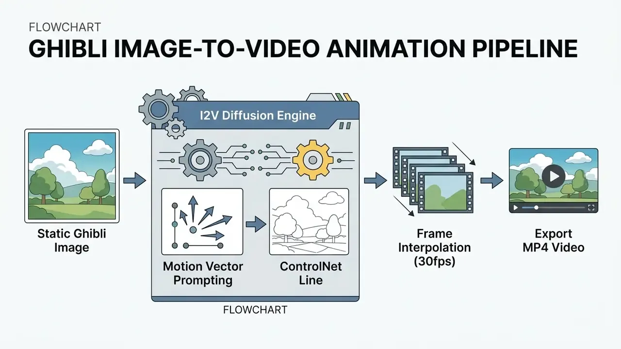 Process diagram showing the sequence from a static image through an I2V engine to a final MP4 video file