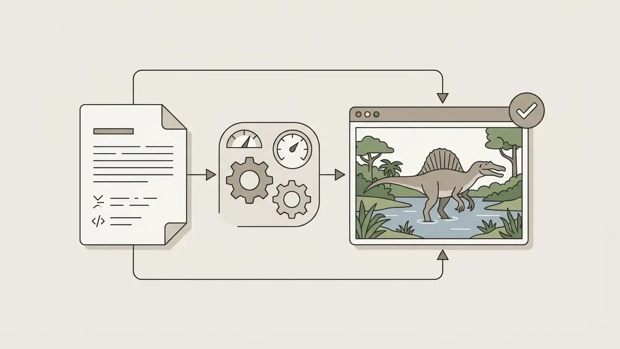 Document with code icons processed through gears into a browser window displaying a Spinosaurus illustration