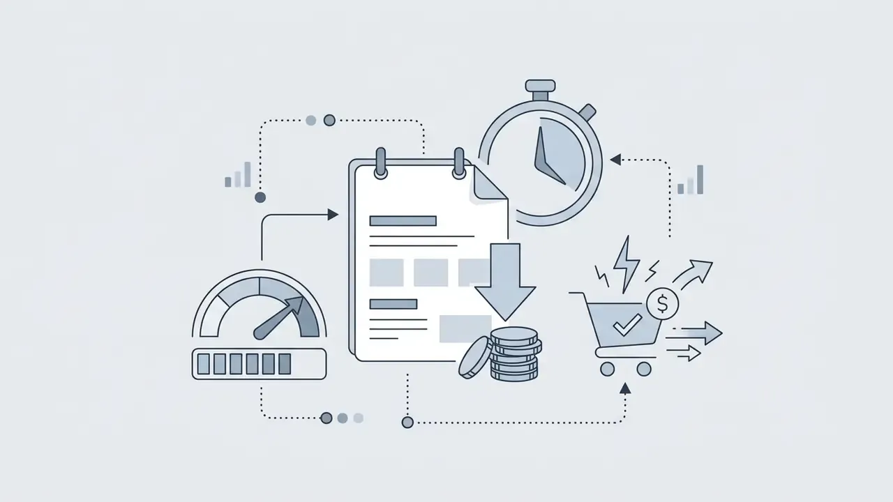 Document icon linked to a timer, a speed gauge, and a shopping cart with rising profit arrows