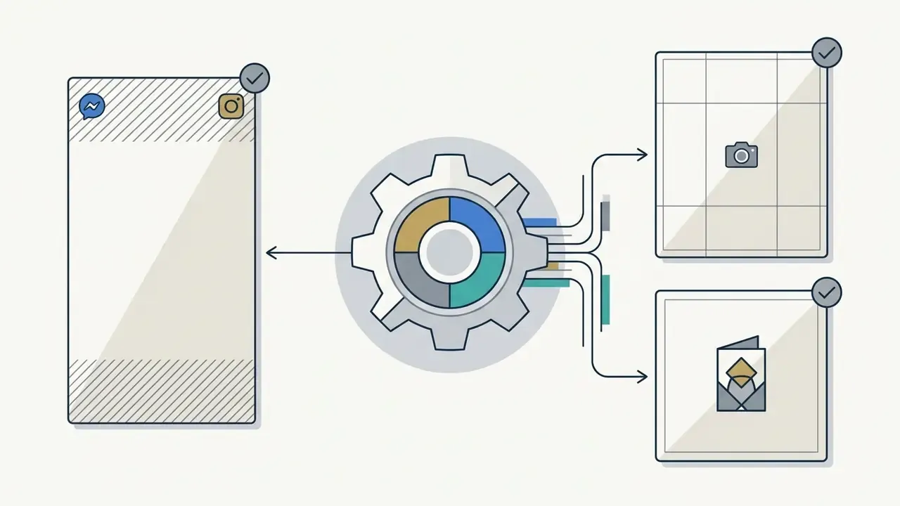 Central gear icon connecting to various social media frame templates and image aspect ratio layouts