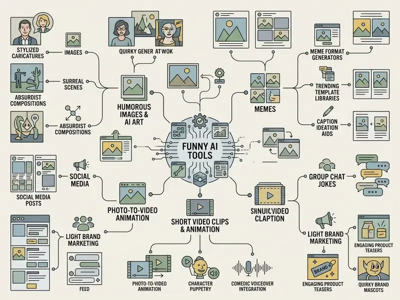 Concept map detailing various funny ai tools for creating memes, animations, and social media content