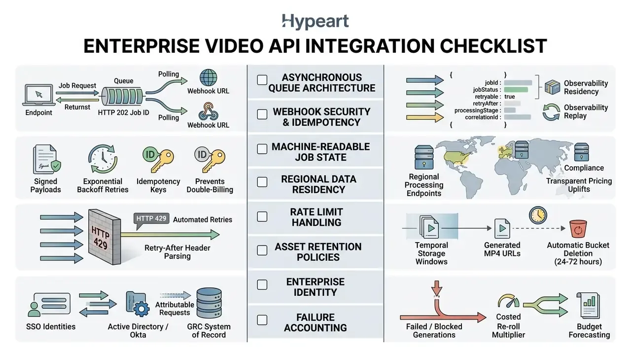 Detailed technical checklist for enterprise video API integration covering architecture and compliance