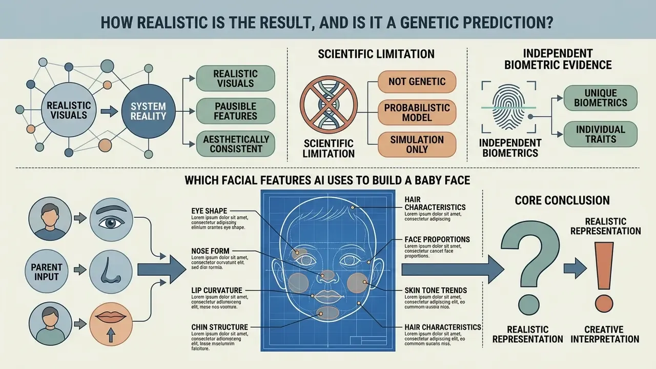 Diagram detailing how an AI baby generator combines parent facial features into a synthetic child portrait