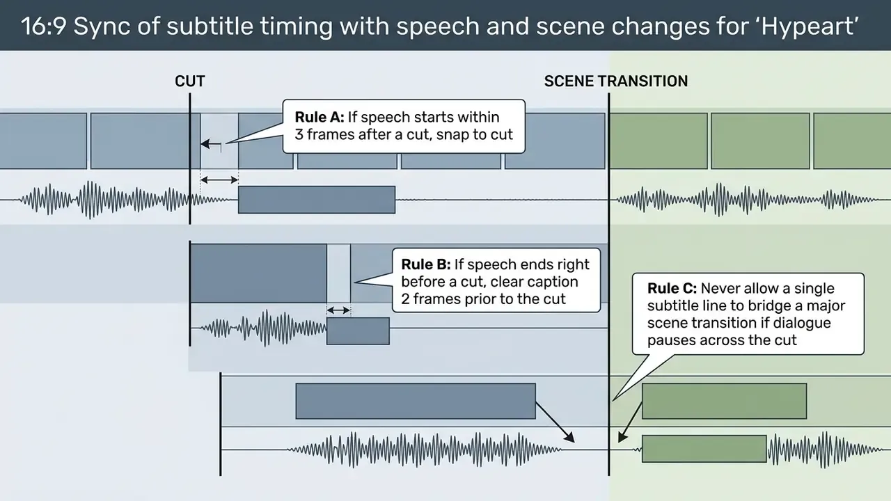 Timeline showing three rules for aligning subtitle timing with video cuts and scene transitions