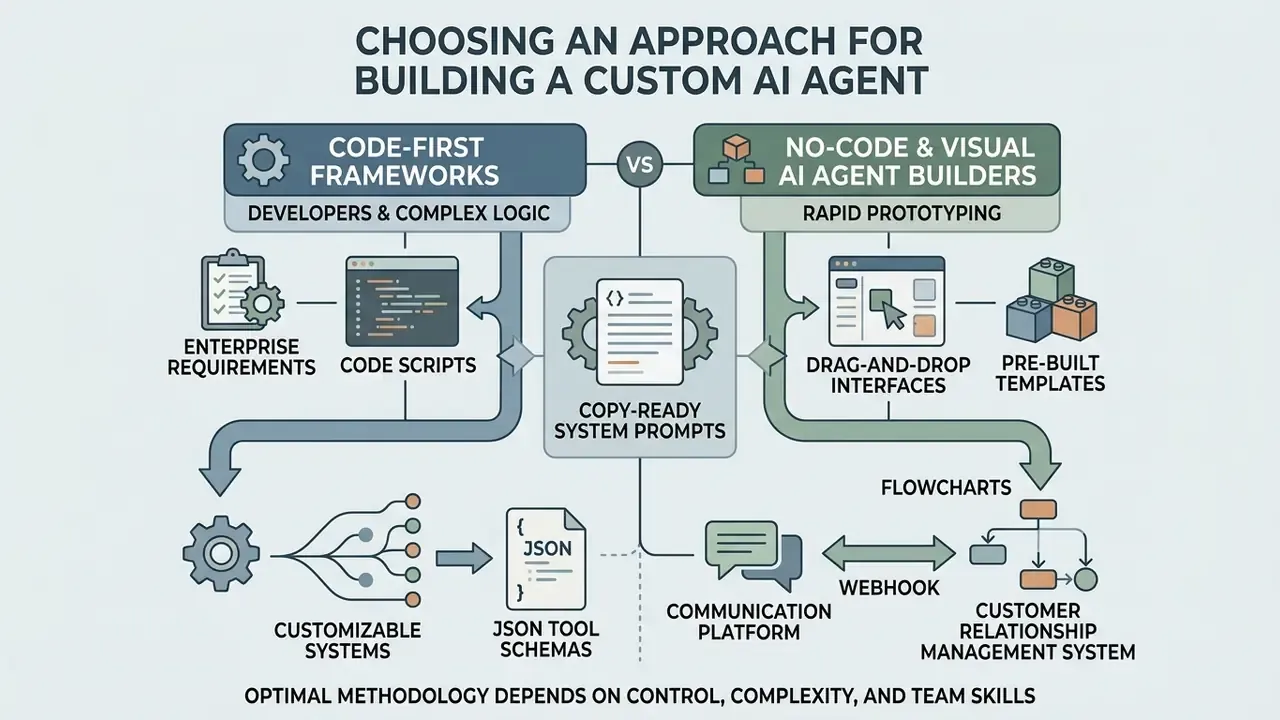 Flowchart comparing code-first frameworks and no-code tools to create AI agents