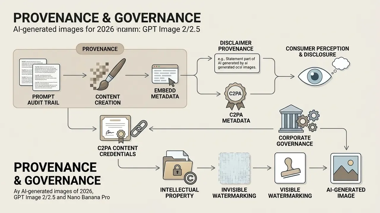 Diagram mapping the lifecycle of digital content through provenance, metadata, and governance processes
