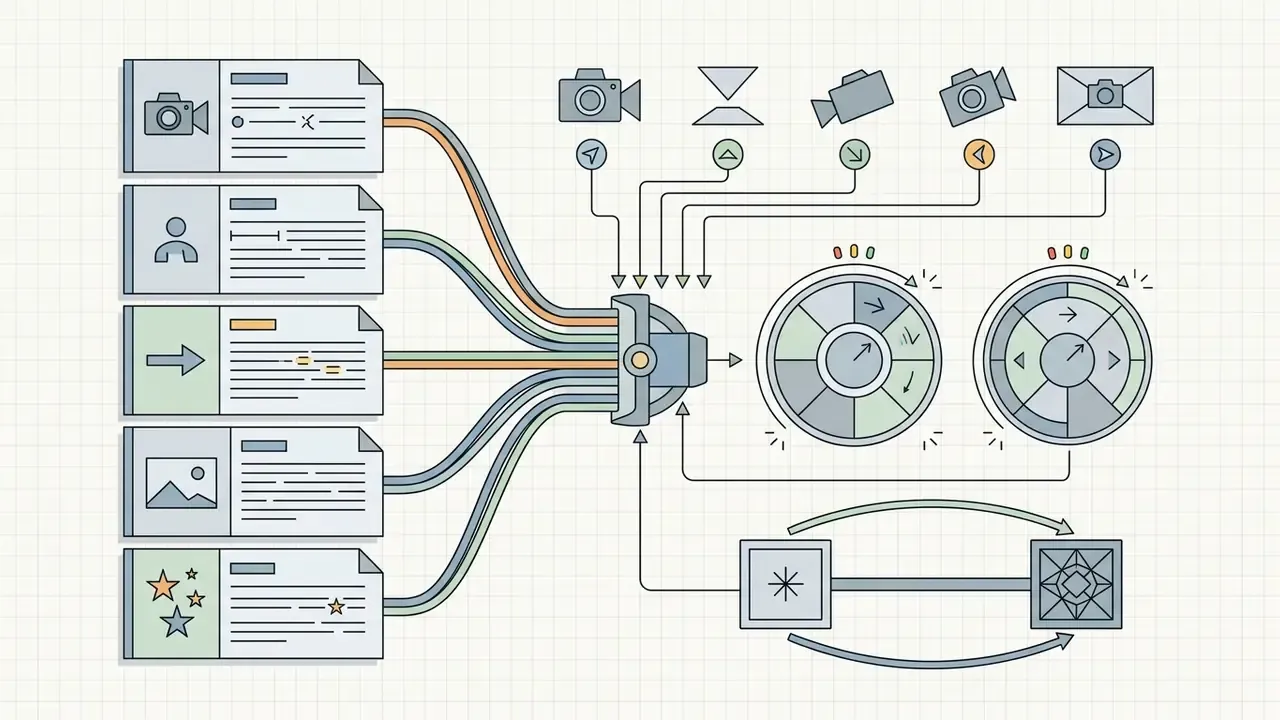 Diagram showing five prompt categories connecting to control dials and camera angle settings for AI video