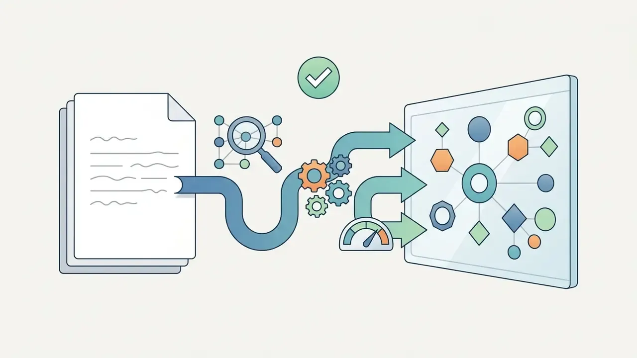 Document content flowing through gears and analysis tools to populate a structured data map