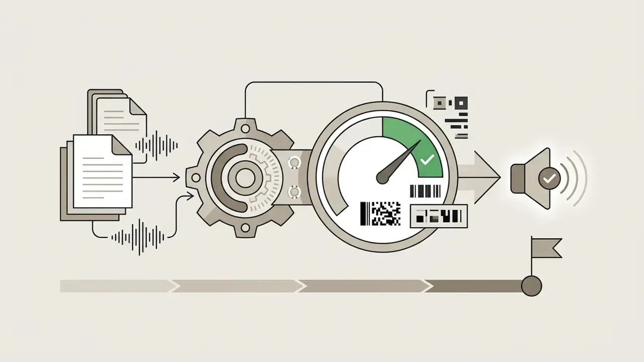 Documents and audio waveforms processed by gears and gauges to output marked synthetic voice files