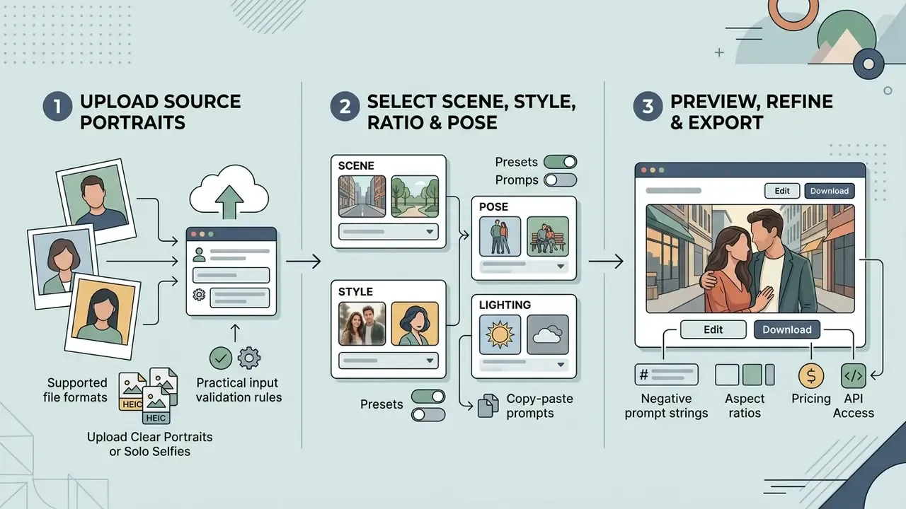 Three-step diagram showing the process of uploading portraits, selecting style options, and exporting results