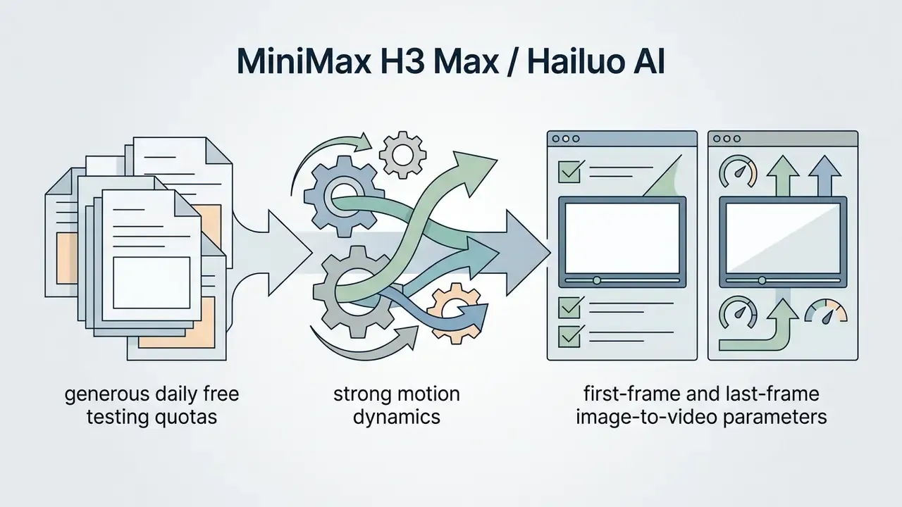 Document icons, gears, and browser windows representing MiniMax H3 Max and Hailuo AI feature sets