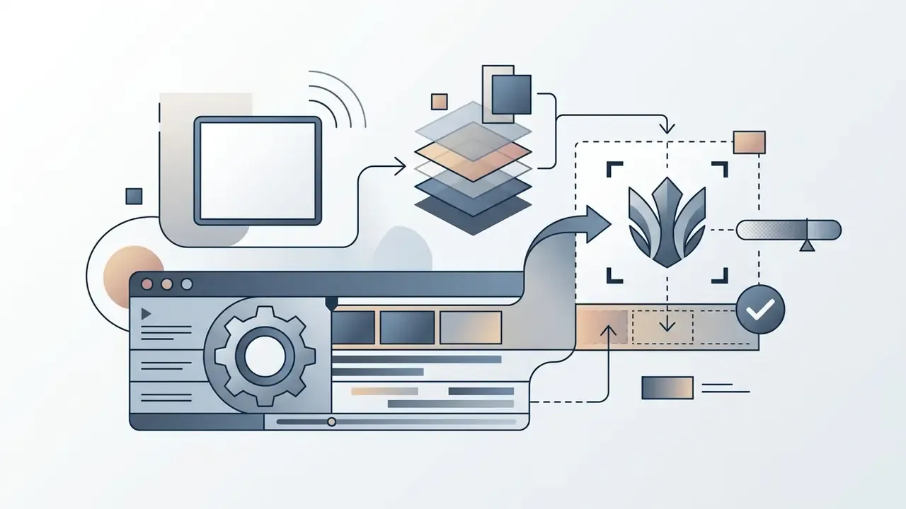 Digital assets flowing from a browser interface into a layered branding and logo alignment tool