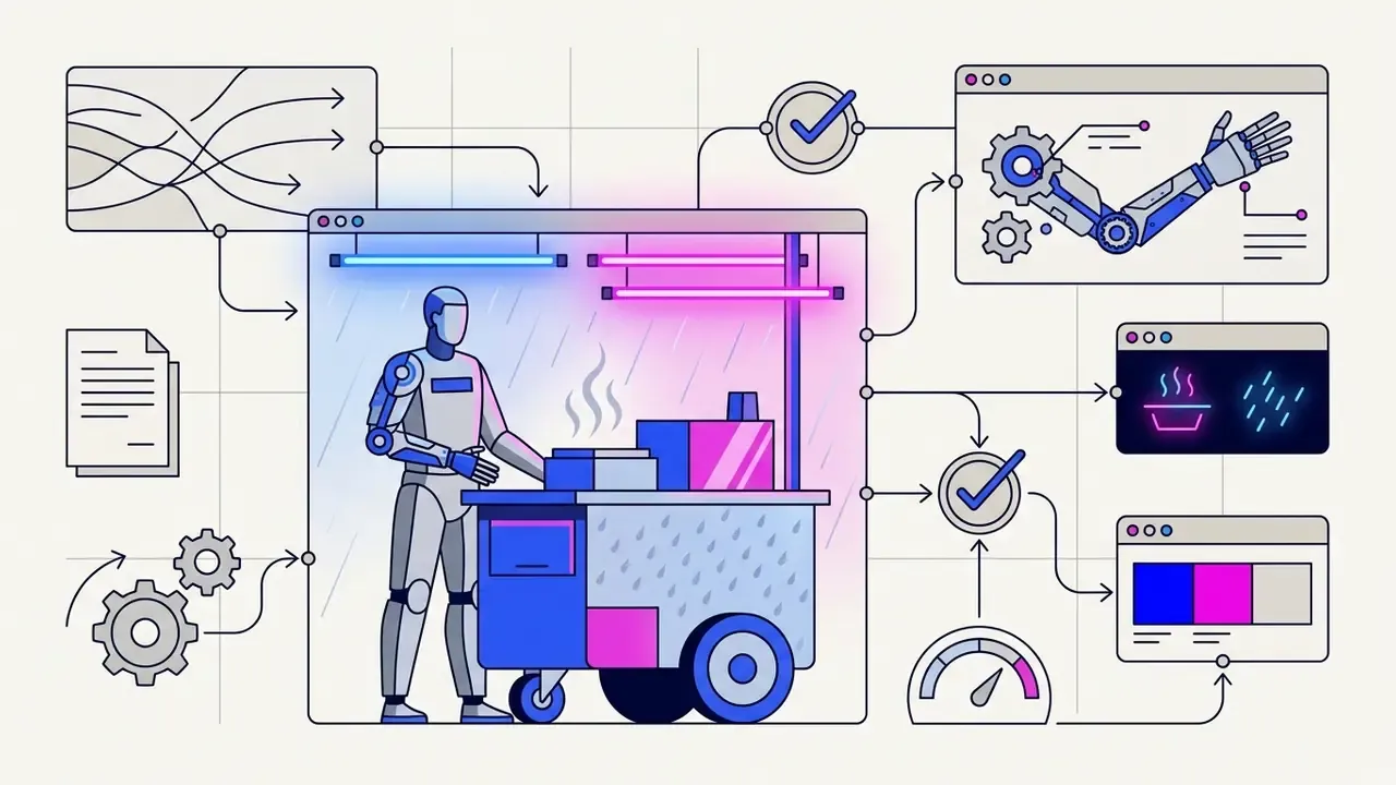 Cyborg street food vendor connected by flow lines to panels showing prosthetic arm and color palettes