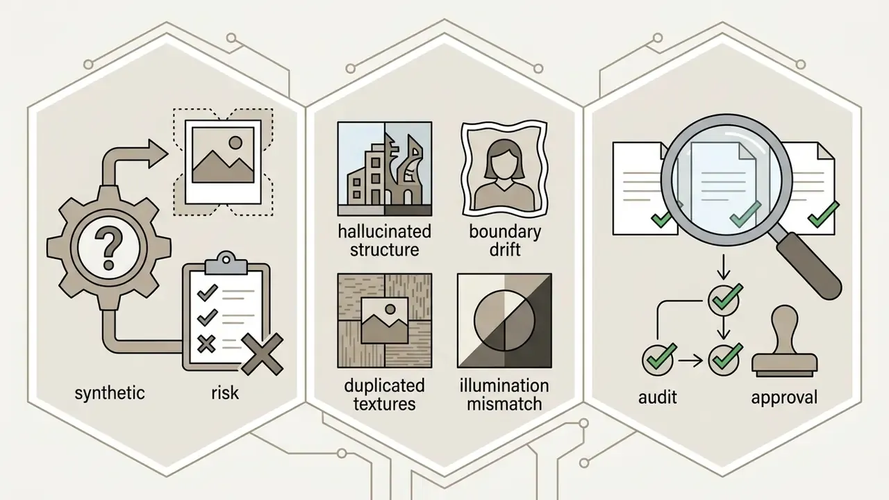 Three hexagonal panels showing synthetic risk factors, common visual errors, and a human audit process