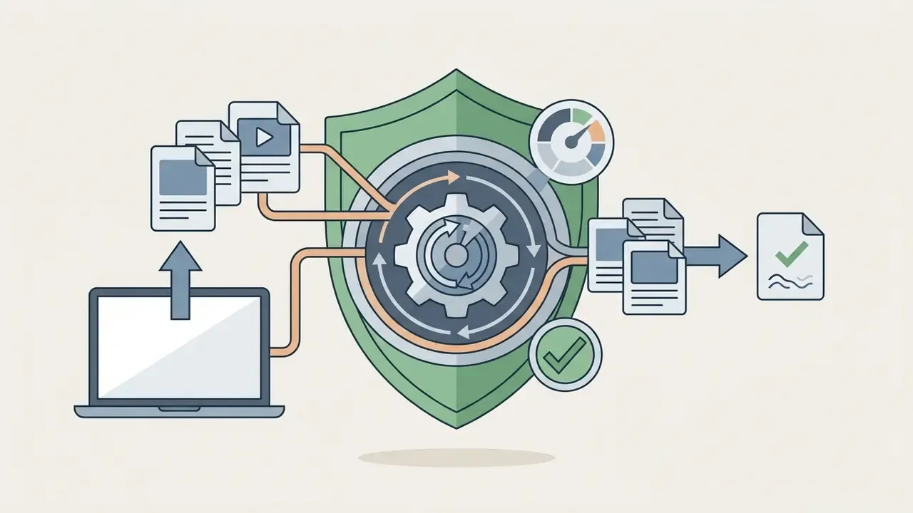 Laptop uploading media files into a protective shield gear mechanism for processing and output validation