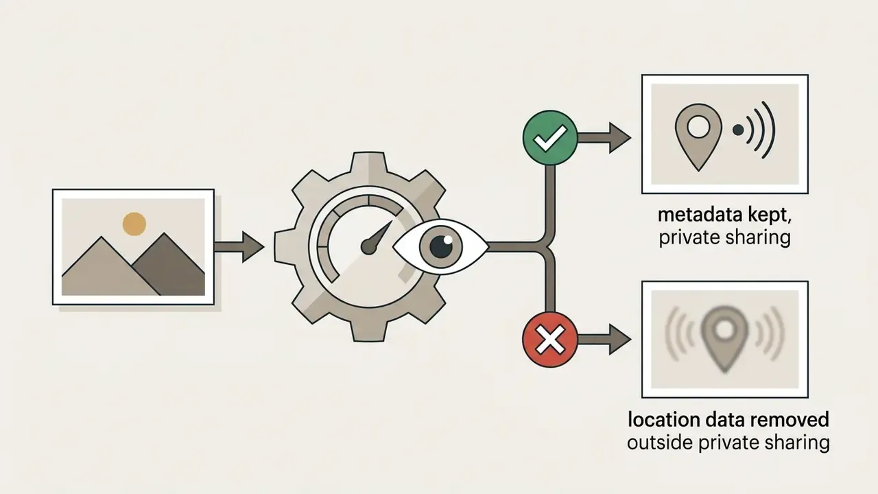 Photo processing through a gear and eye icon to choose between keeping or removing location metadata