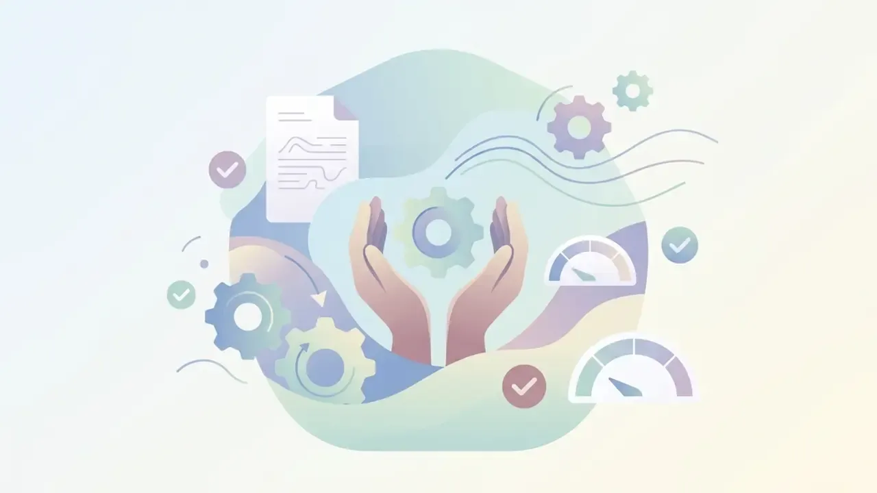 Two hands cupping a gear surrounded by document icons, gauges, and checkmarks in soft pastel colors