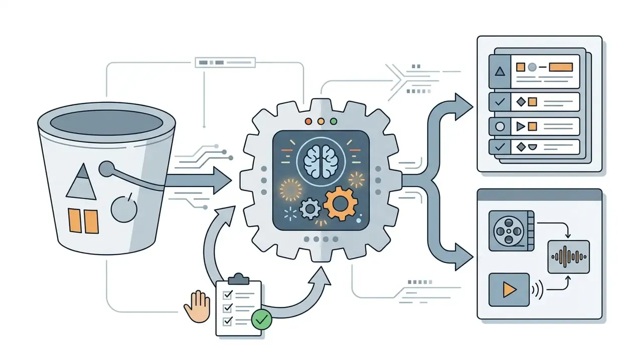 AI model processing media files from storage to generate structured JSON data or new media outputs