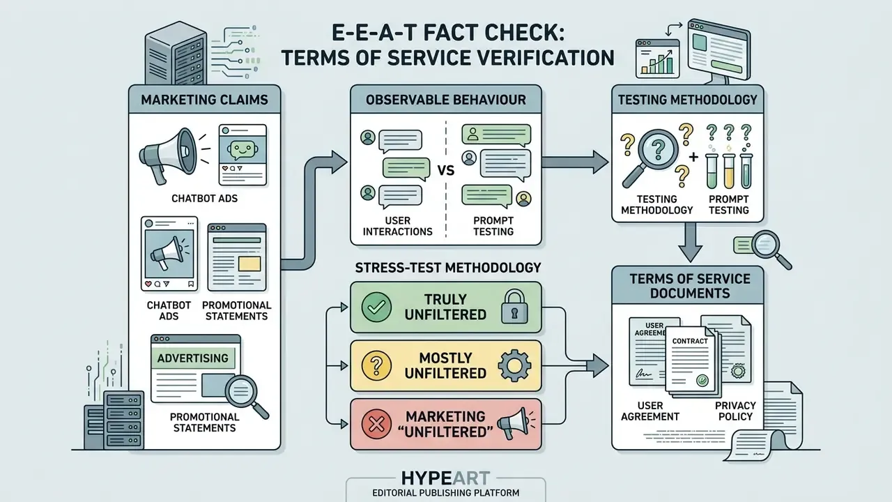 Flowchart comparing marketing claims against actual AI behavior, testing methods, and service documents