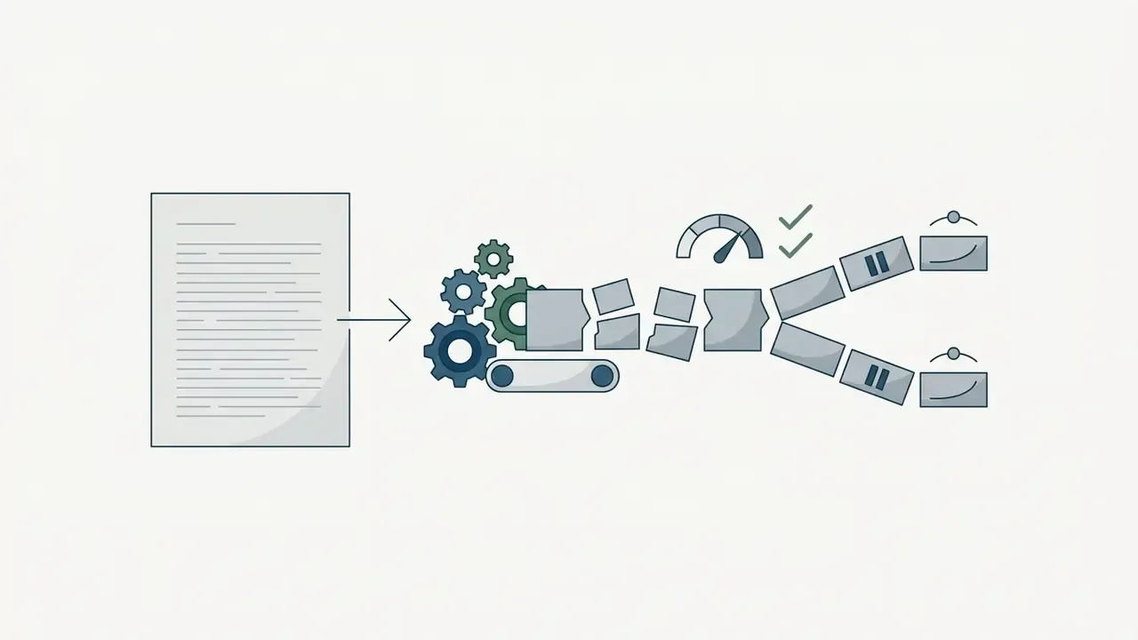 Document icon feeding text into a mechanical gear and conveyor system that splits into two output paths
