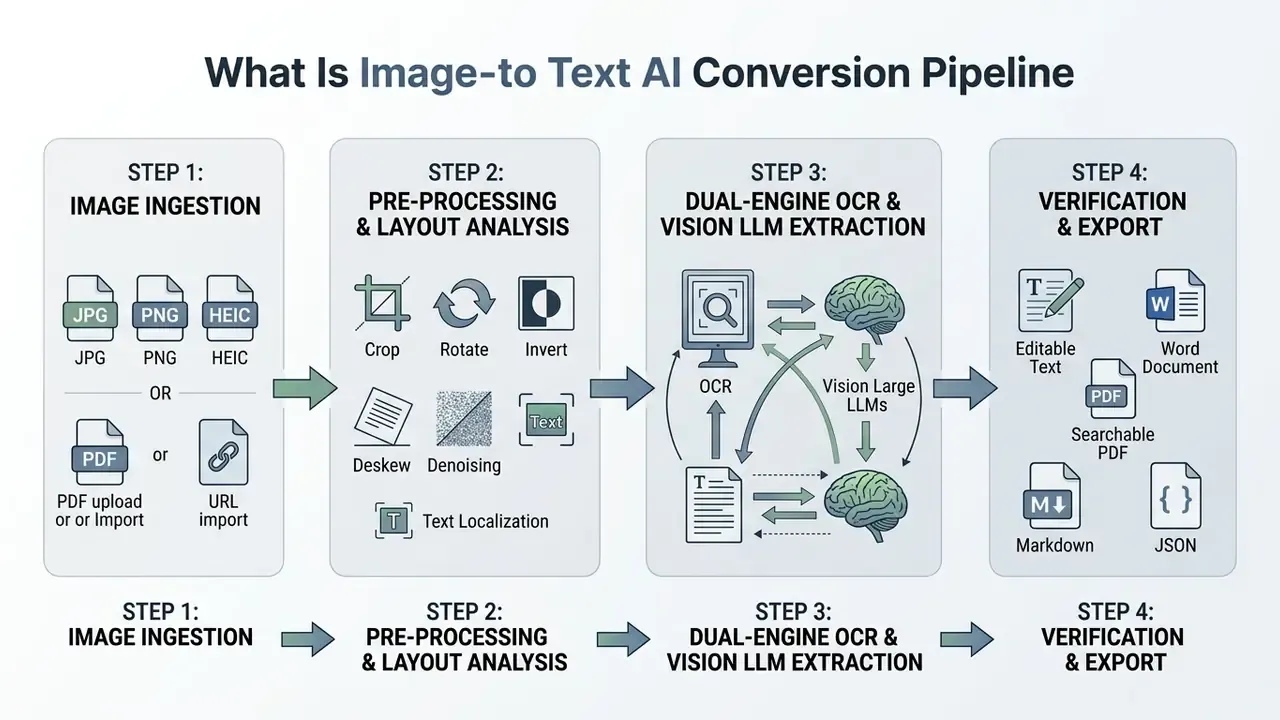 Four-stage flowchart showing the technical workflow for processing image to text AI data extraction