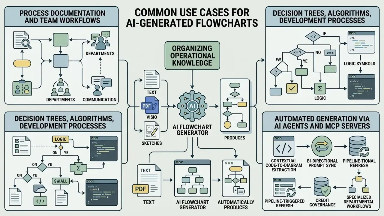 Diagram showing how an AI flowchart generator transforms documents and code into organized visual workflows