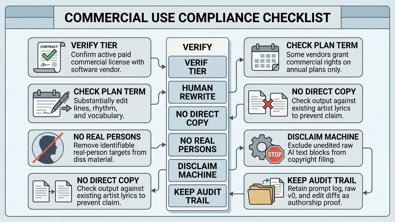 Checklist of six compliance steps for commercial music projects with icons and descriptive text