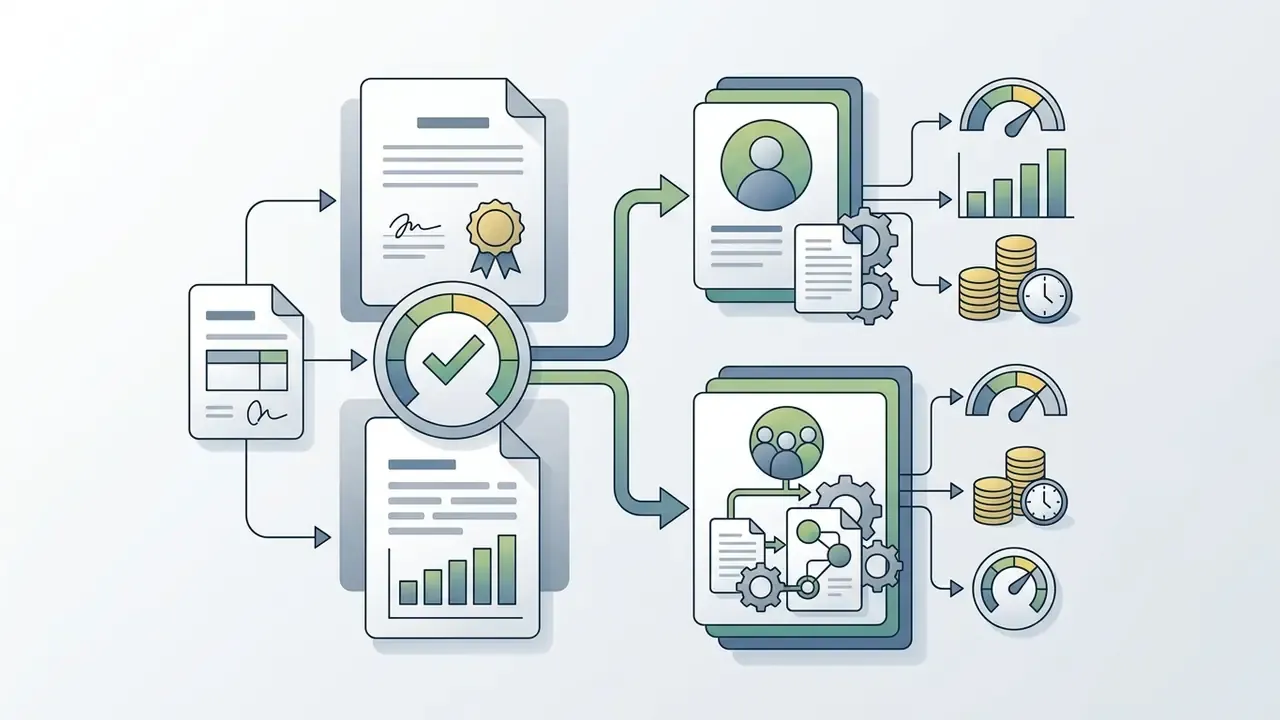 Verified documents flowing through a central gauge into tiered user and team workflows with cost and speed metrics