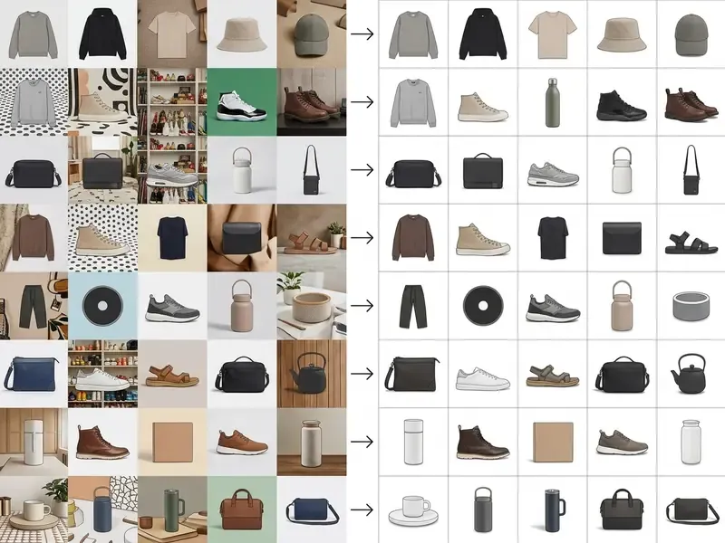 Grid showing various product photos transformed to uniform white backgrounds for consistent e-commerce display