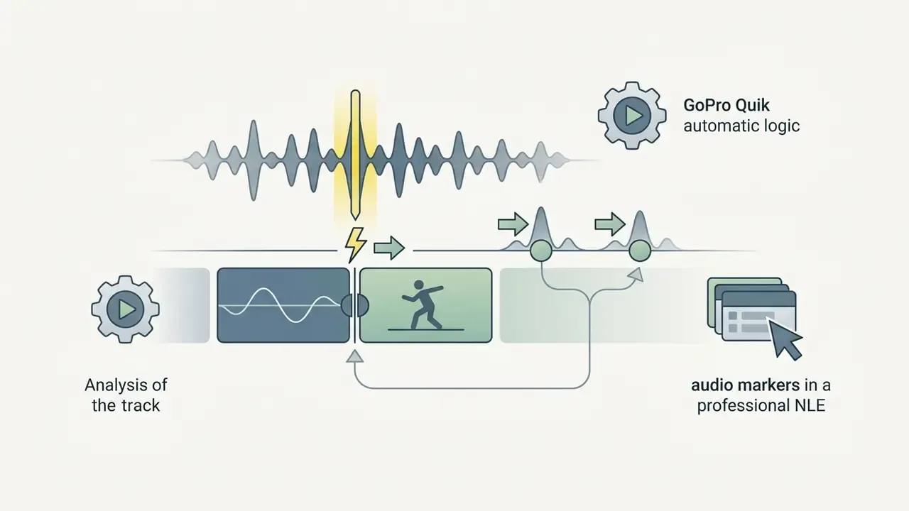 Diagram showing audio waveform peaks aligned with video clips using automated logic and manual markers