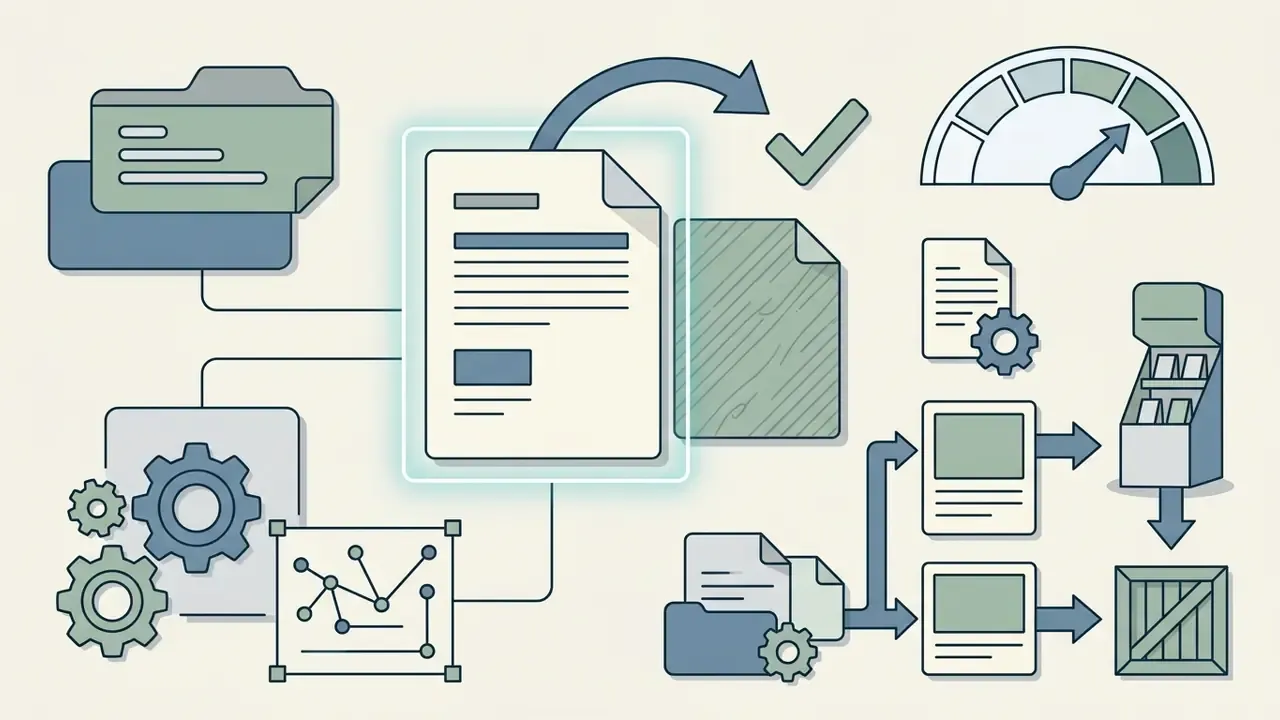 Icons representing document processing, data flow, speed measurement, and automated file organization