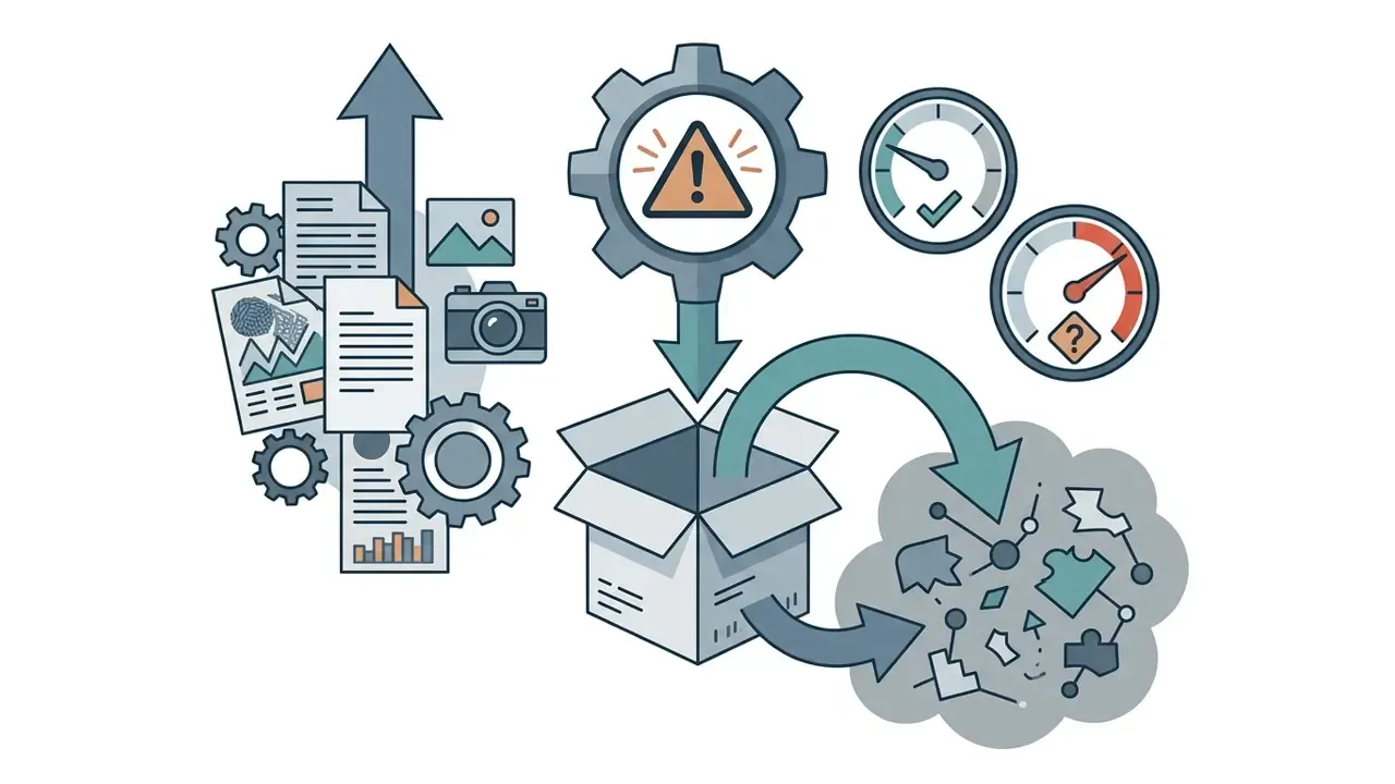 Documents and photos moving into a box and leaking into a cloud as a warning of Shadow AI data exposure