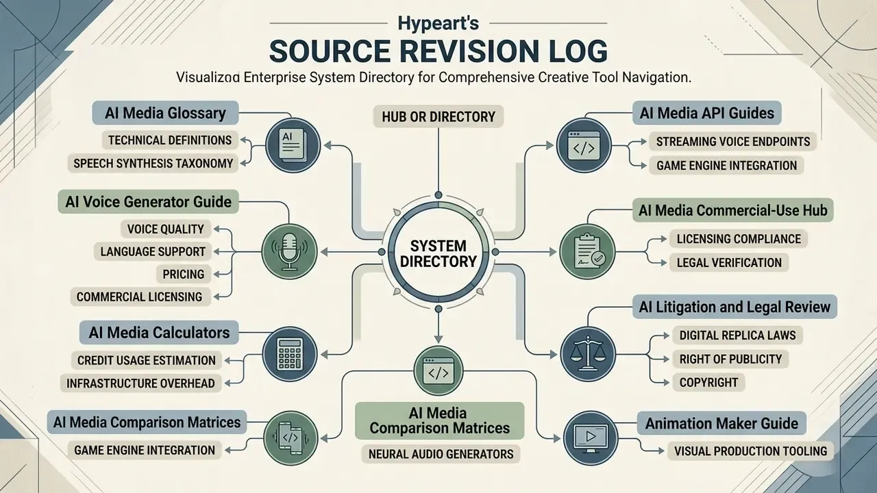 Central system directory hub connecting various AI media guides, technical tools, and legal resources