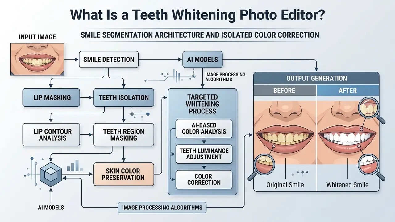Diagram showing how AI isolates teeth from lips and skin to whiten teeth in photo