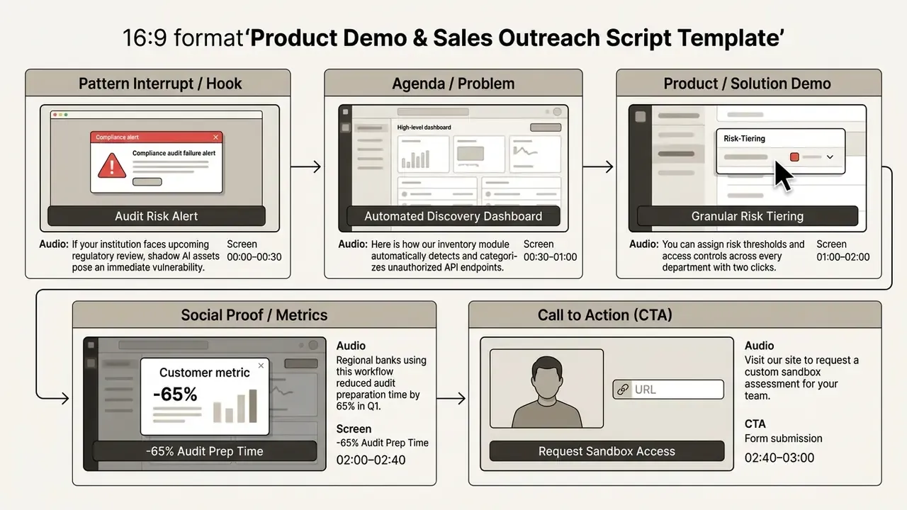 Five sequential panels detailing screen visuals, audio narration, and timing for a sales presentation
