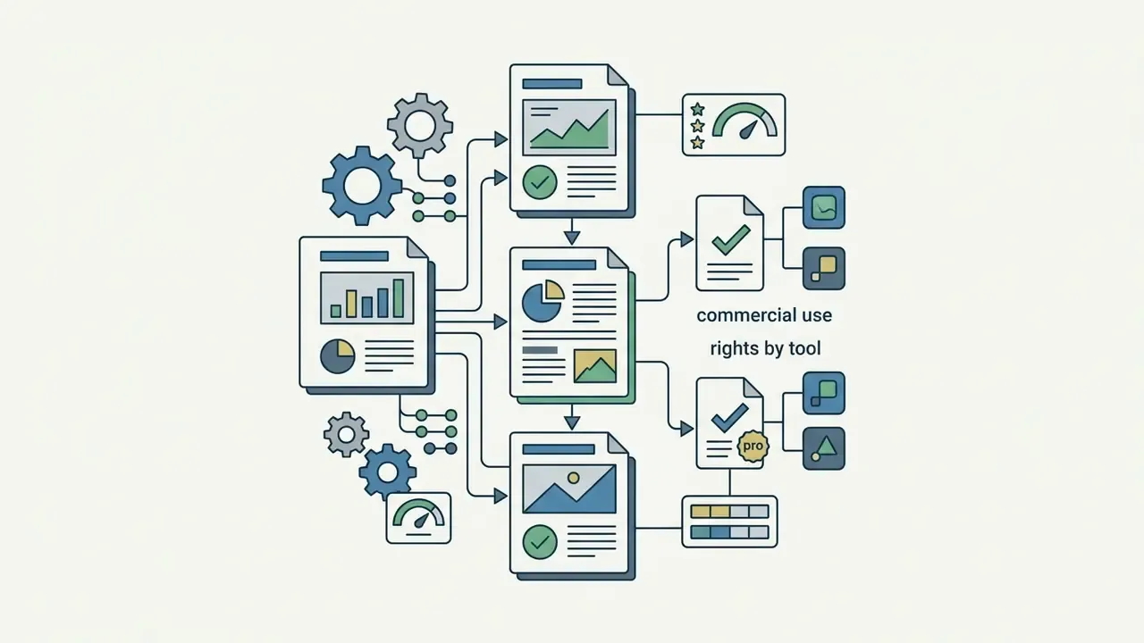Data reports and gear icons connected to a process flow for evaluating commercial use rights by tool